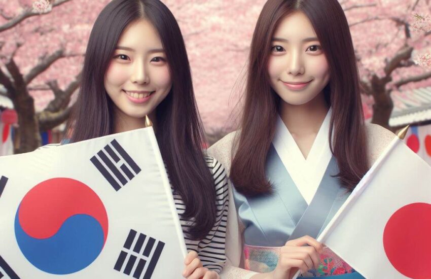 Koreanische Frau mit Koreaflagge und Japanische Frau mit Japanflagge