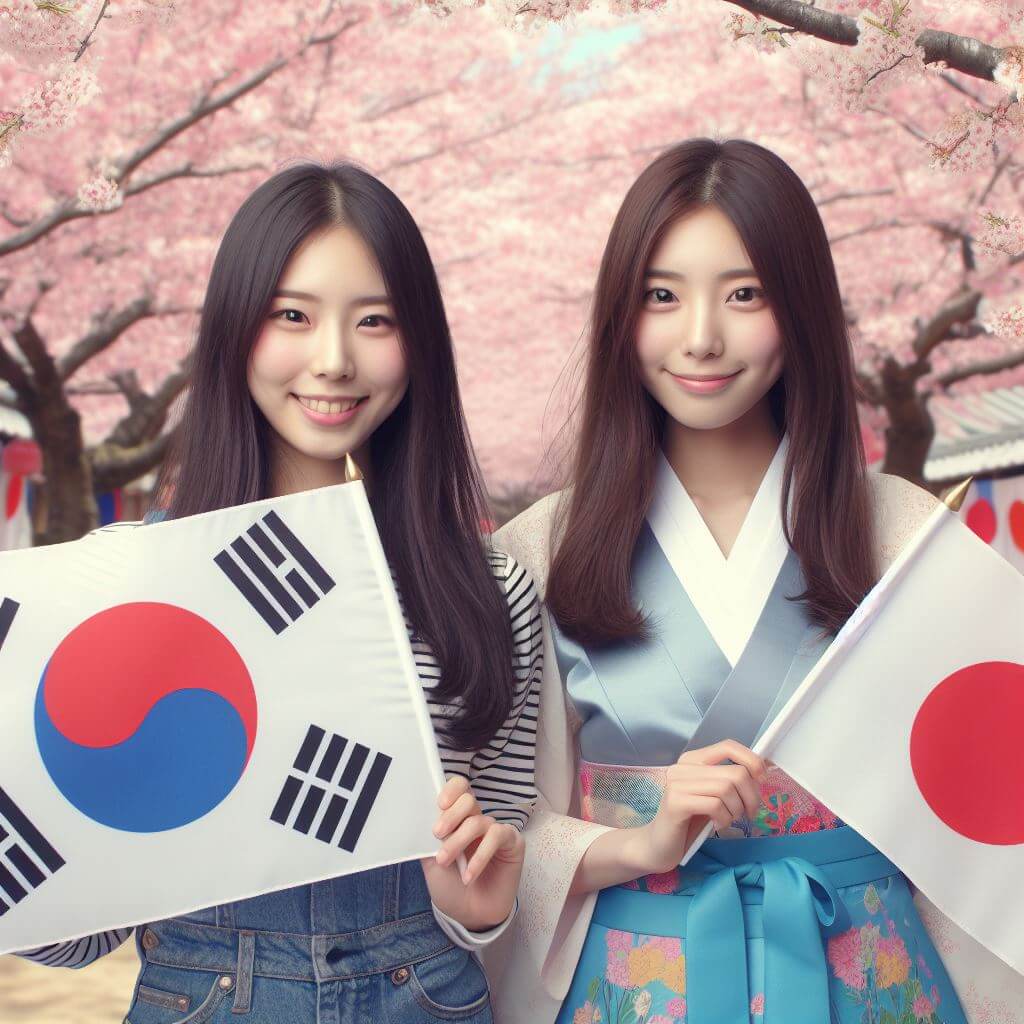Koreanische Frau mit Koreaflagge und Japanische Frau mit Japanflagge